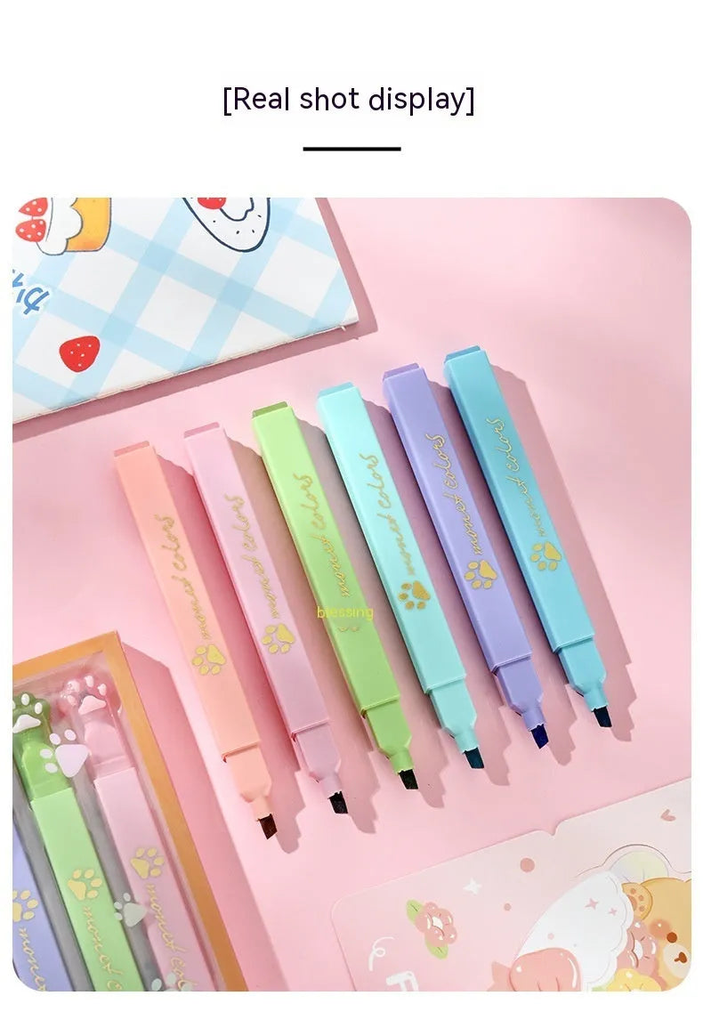 Cat's Paw highlighter pen set with six fluorescent colours and oblique pen heads in a box.