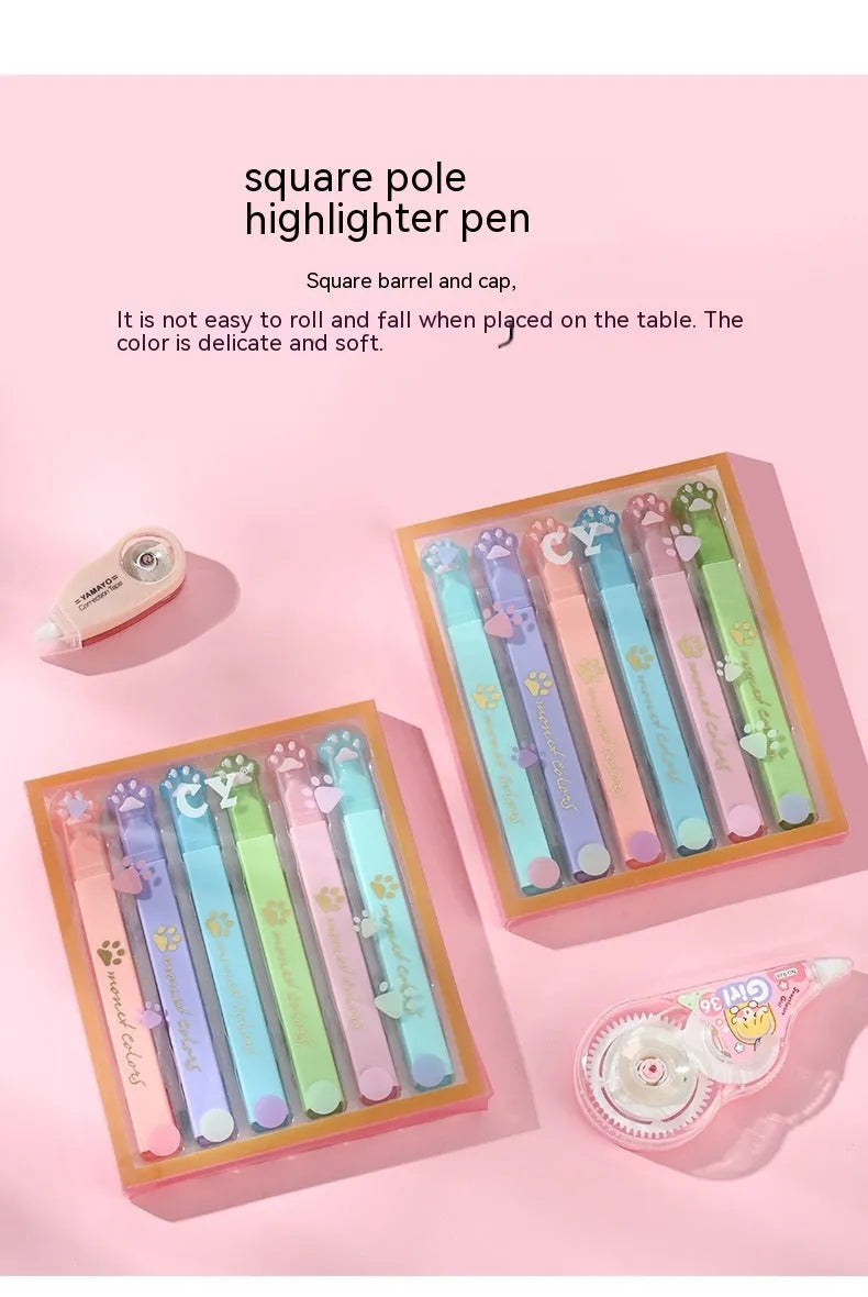 Cat's Paw highlighter pen set with six fluorescent colours and oblique pen heads in a box.