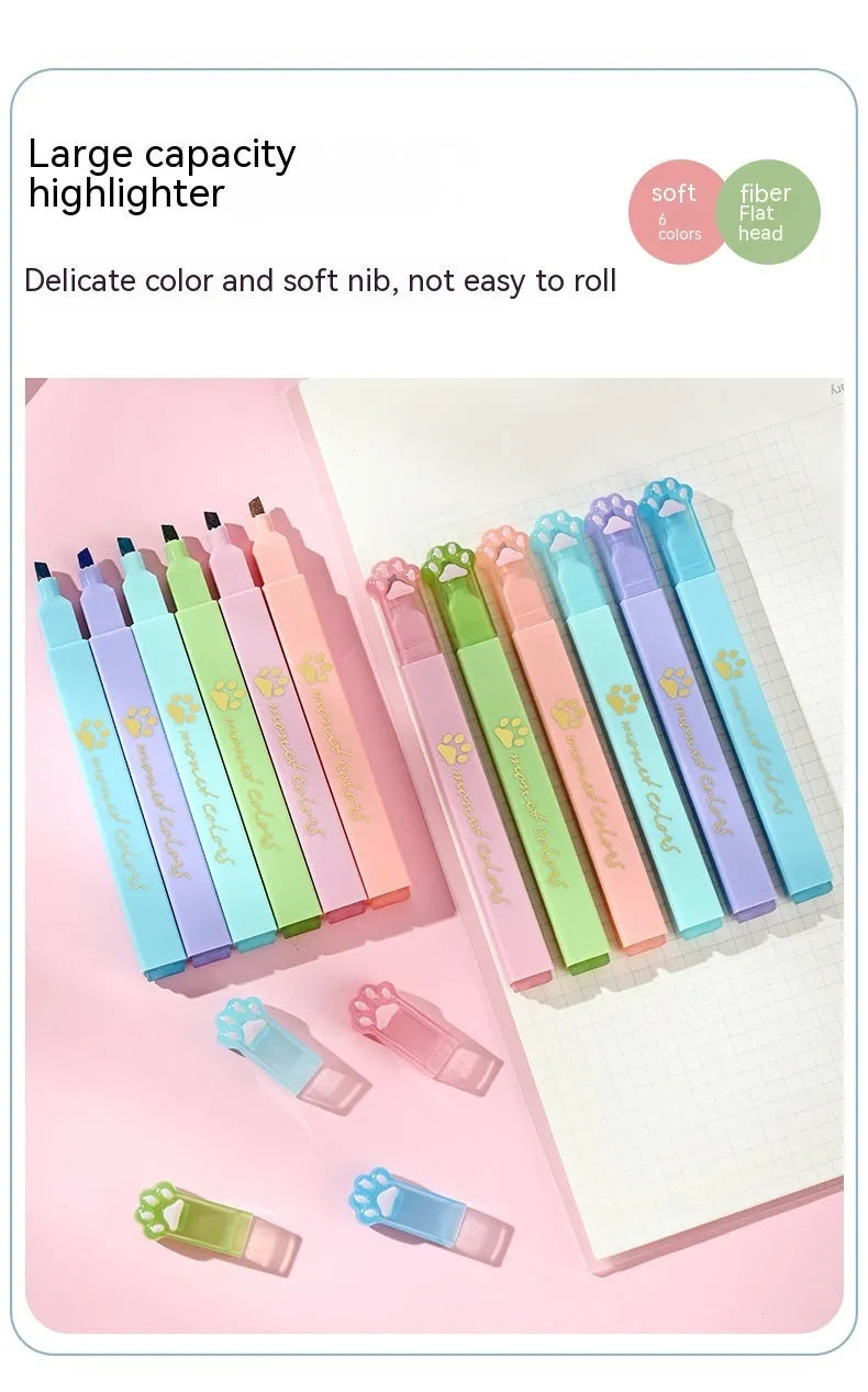 Cat's Paw highlighter pen set with six fluorescent colours and oblique pen heads in a box.