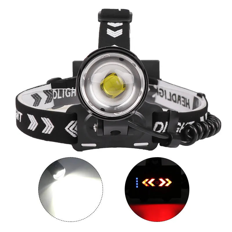 Black USB rechargeable telescopic zoom headlight with XHP 90 bulb on a table