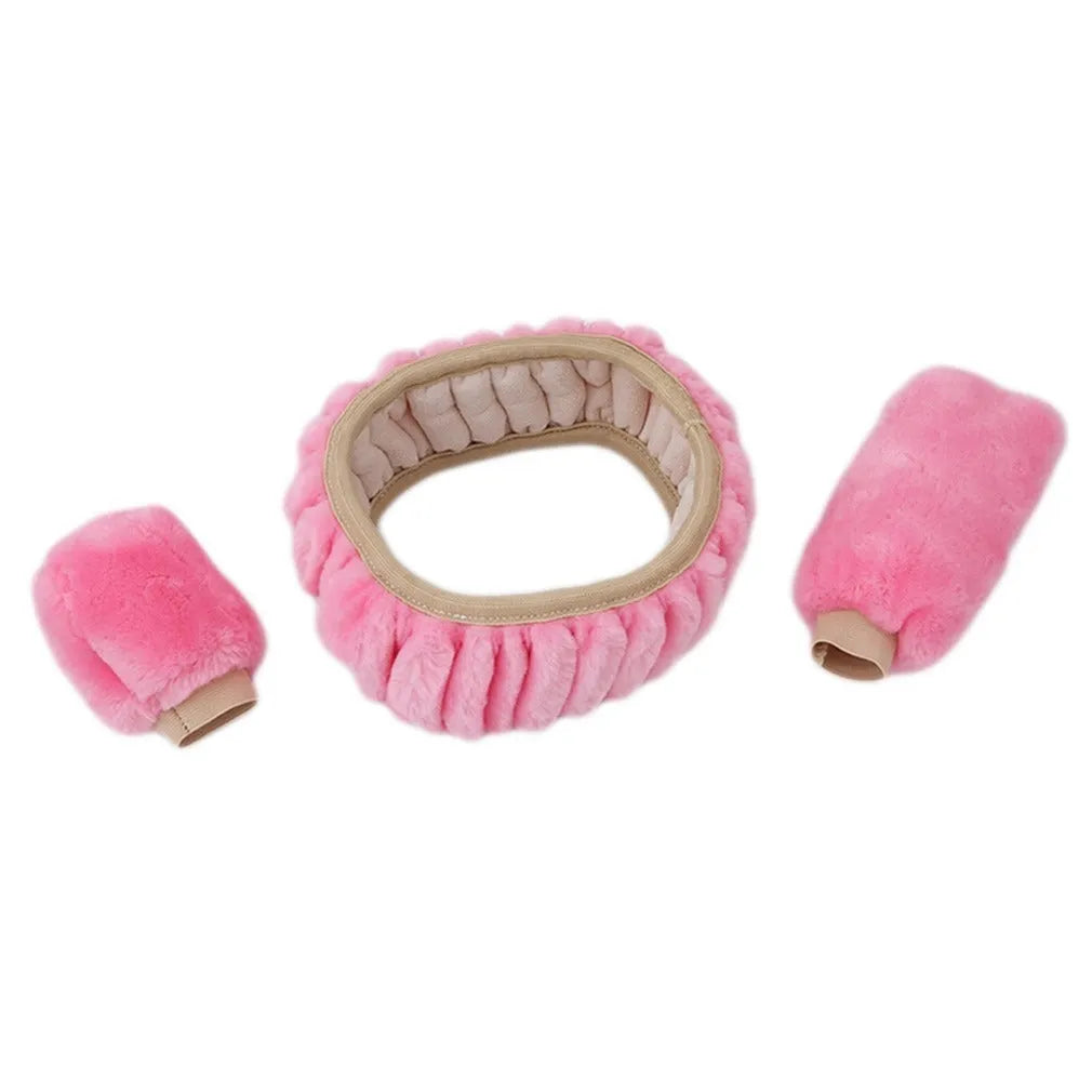 Winter plush car steering wheel cover set in beige, including steering wheel cover, brake sleeve, and gear shift cover