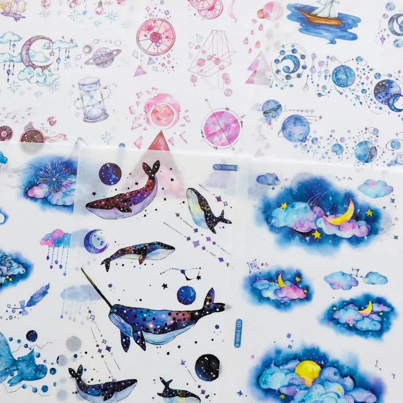 Hand account paper sticker set with fantasy stars design on Japanese paper sheet, 10.5x14.1cm, in paper bag packaging