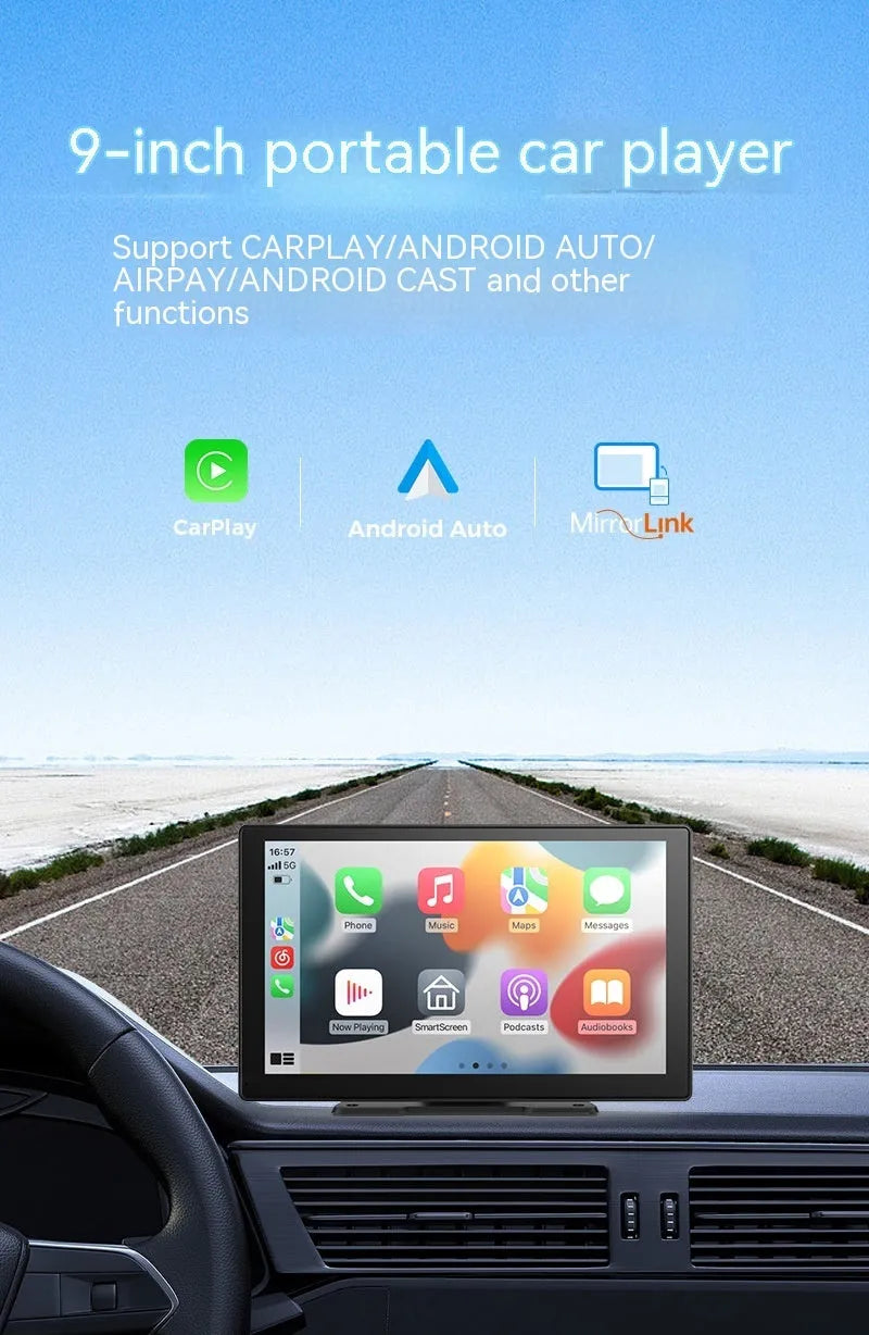 9-inch Carplay dashcam with dual lens 2.5K front and 1080P rear, touchscreen, centre console mount