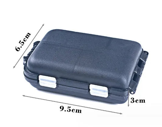 Small black plastic fishing tackle box with 10 internal compartments for organising hooks and lures