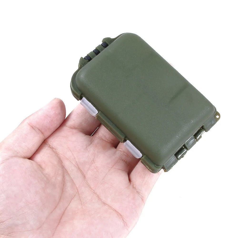 Small black plastic fishing tackle box with 10 internal compartments for organising hooks and lures