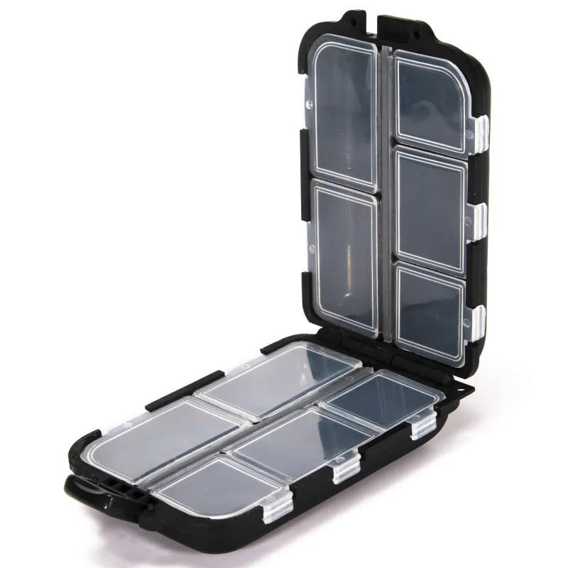 Small black plastic fishing tackle box with 10 internal compartments for organising hooks and lures