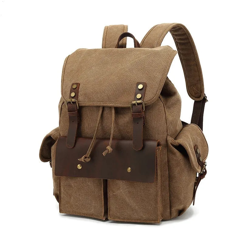 Retro canvas backpack in military green with antique bronze hardware, 33x42x16cm, for 16-inch laptop travel