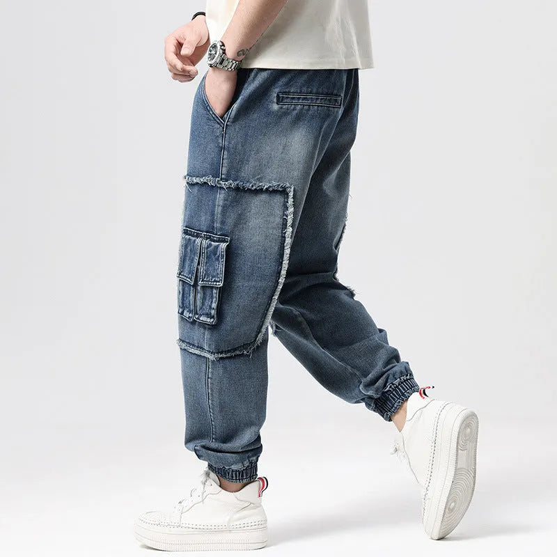 Men's hip hop retro multi-pocket denim trousers in 1908 Blue, high waist, straight-leg loose fit, cotton fabric