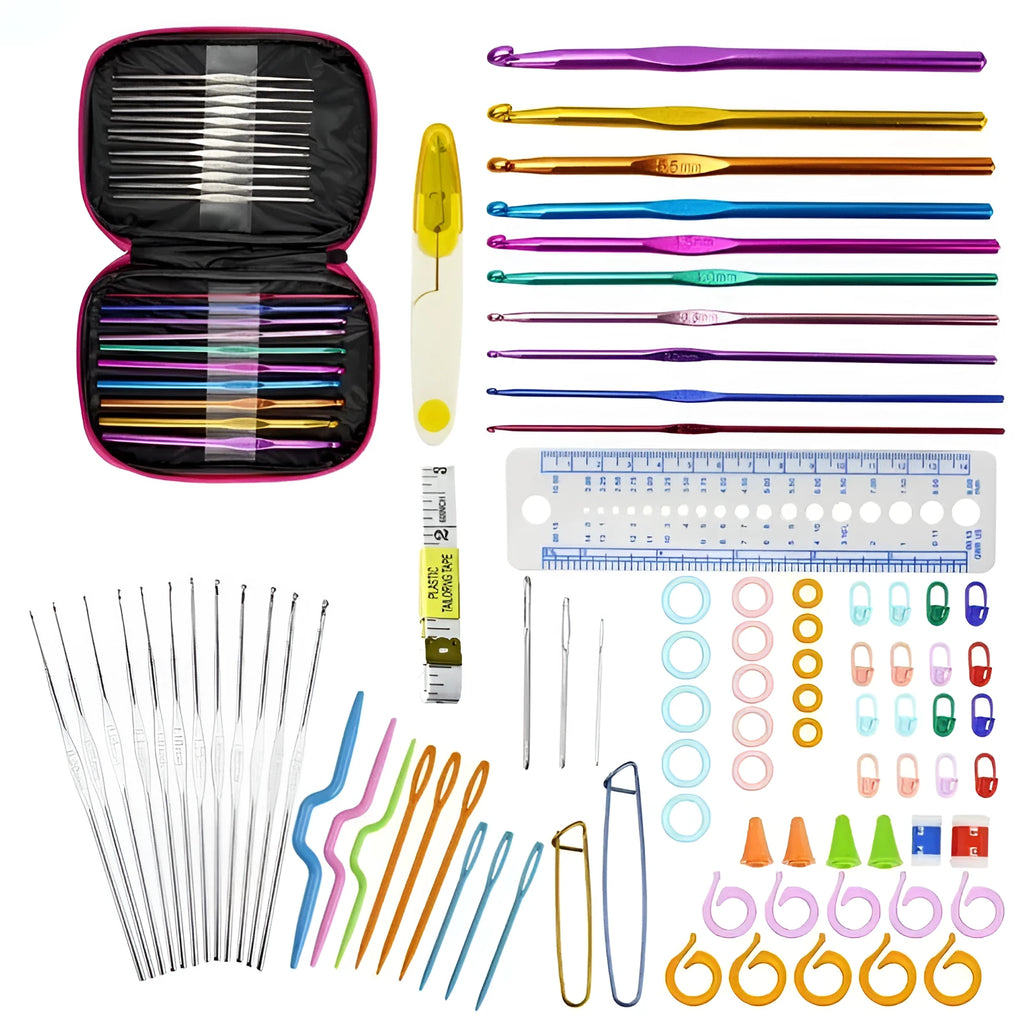 23 stainless steel crochet hooks in various metric sizes from 0.6mm to 8.0mm, random single colour finish