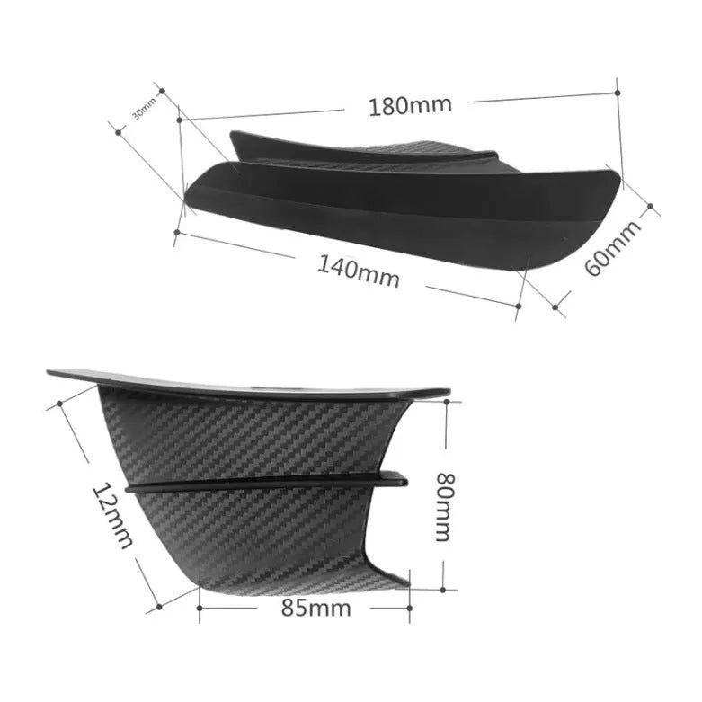 Universal motorcycle spoiler wind wings in pure black finish with glossy forged pattern, side view on a dark background.