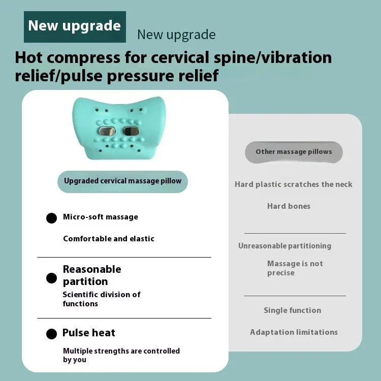 Blue-green cervical spine massage pillow with EMS pulse massage, hot compress and vibration functions