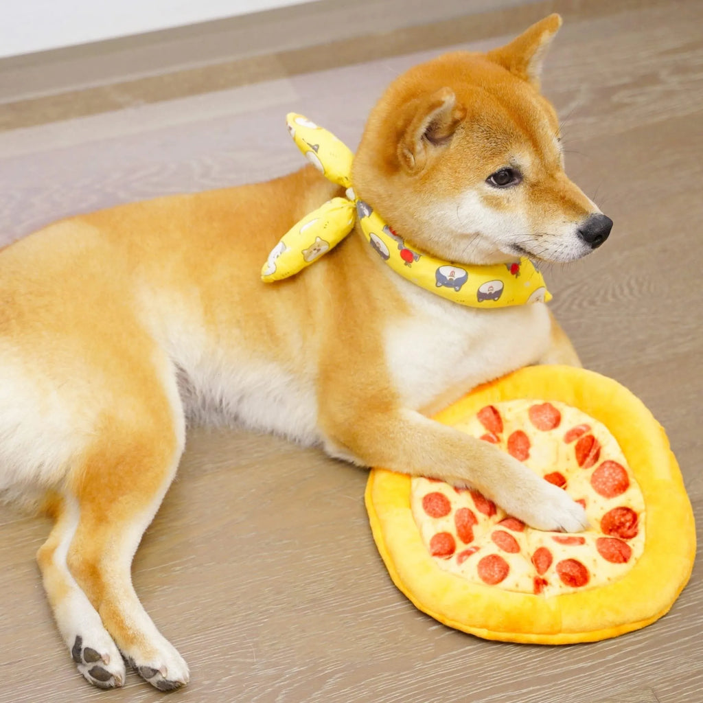 Yellow plush pizza-shaped dog toy with a squeaker inside for chewing and interactive play.
