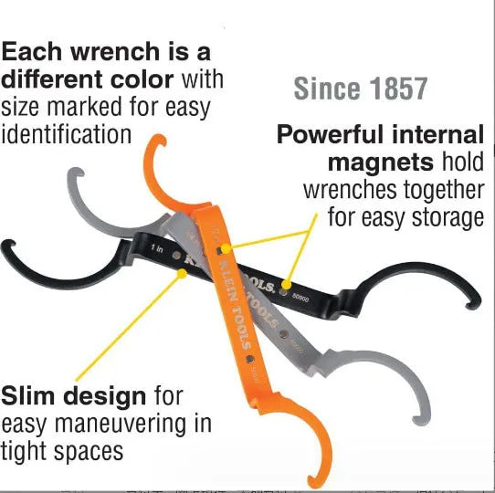 H251 magnetic crescent wrench set showing orange, grey, and black adjustable spanners with catheter locking mechanism.