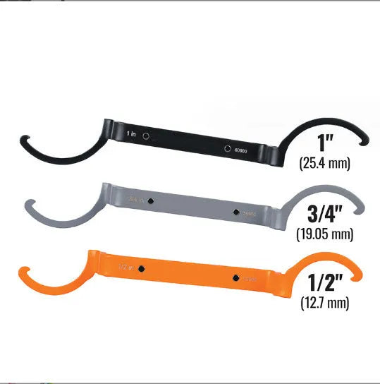 H251 magnetic crescent wrench set showing orange, grey, and black adjustable spanners with catheter locking mechanism.