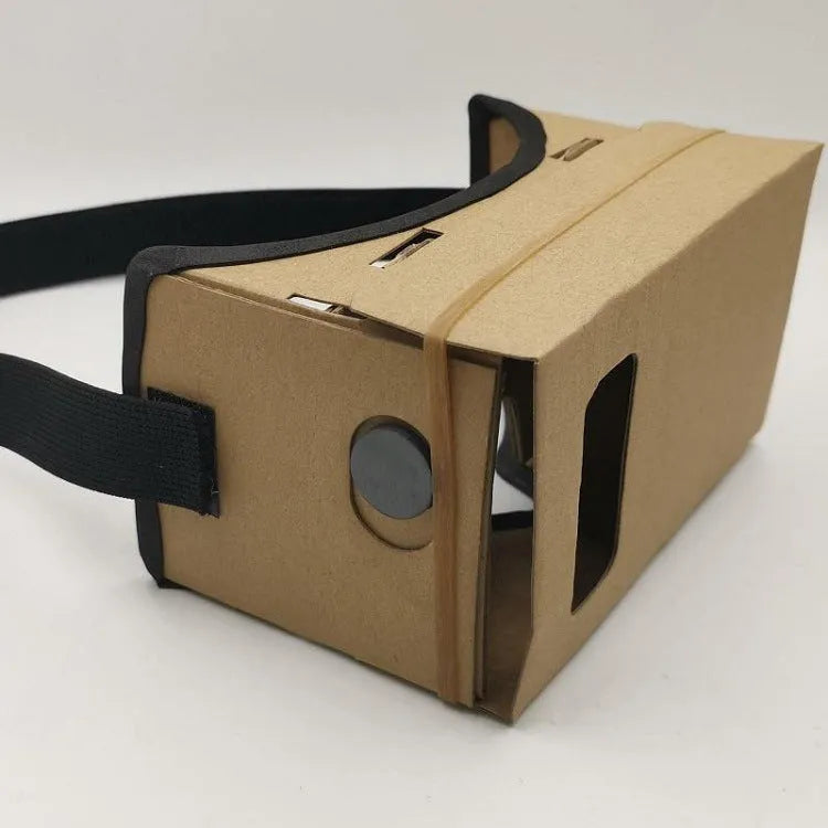 Pink and white cardboard VR headset for smartphones with adjustable straps and 3D lenses.