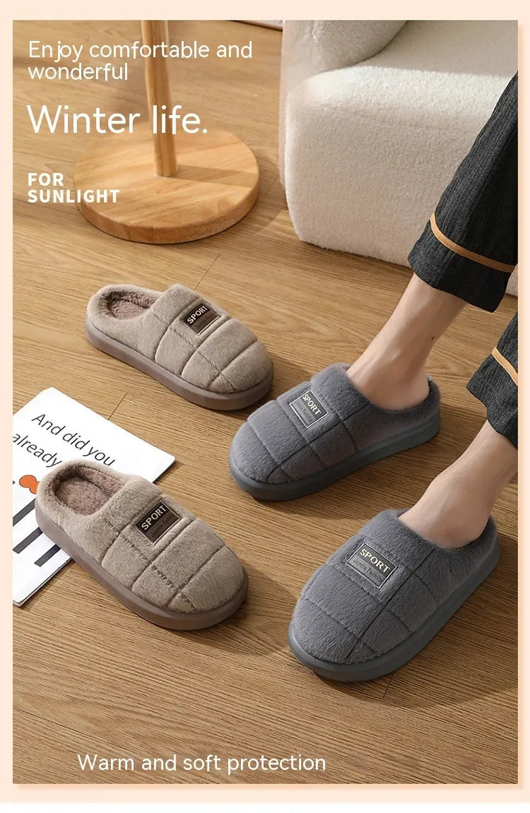 Men's plaid pattern slippers with wool lining and thick EVA soles in brown colour
