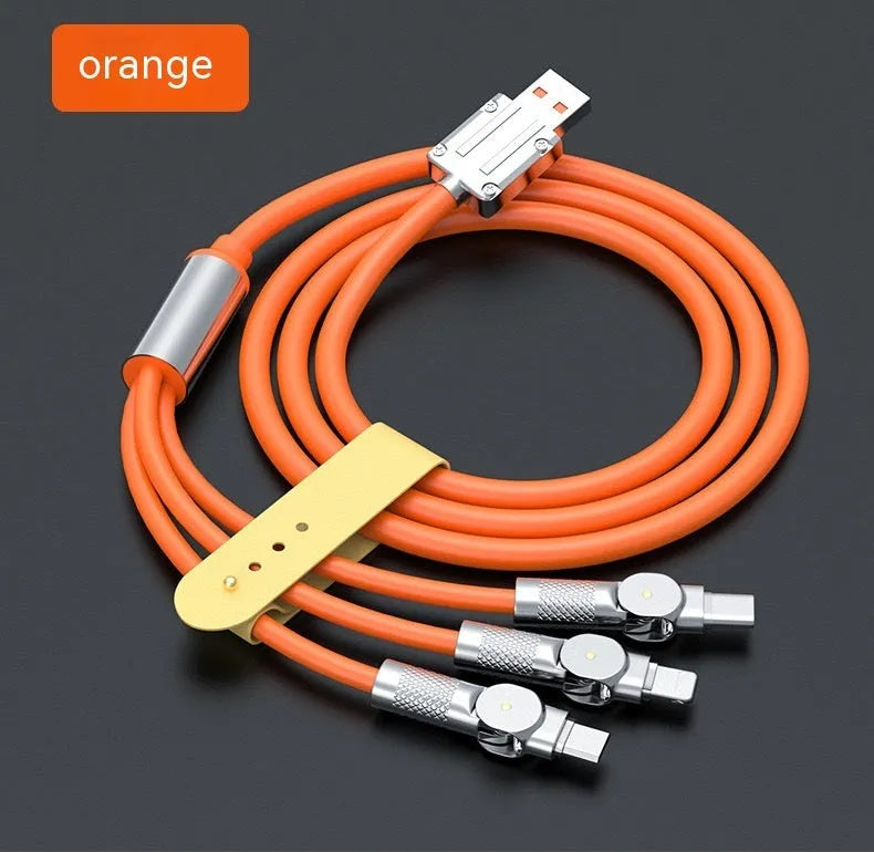 Zinc alloy rotating three-in-one data cable with light for Mini USB Lightning and TYPE-C, orange red colour