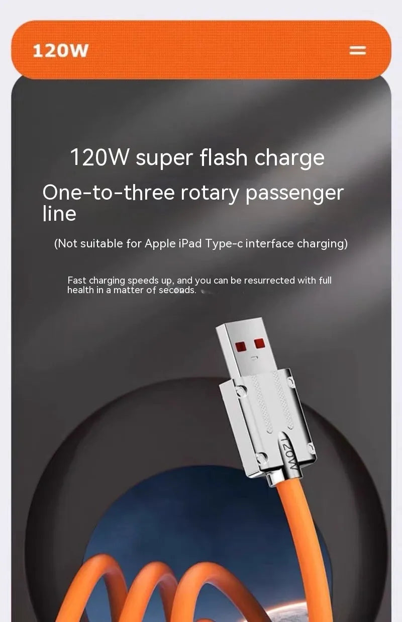 Zinc alloy rotating three-in-one data cable with light for Mini USB Lightning and TYPE-C, orange red colour