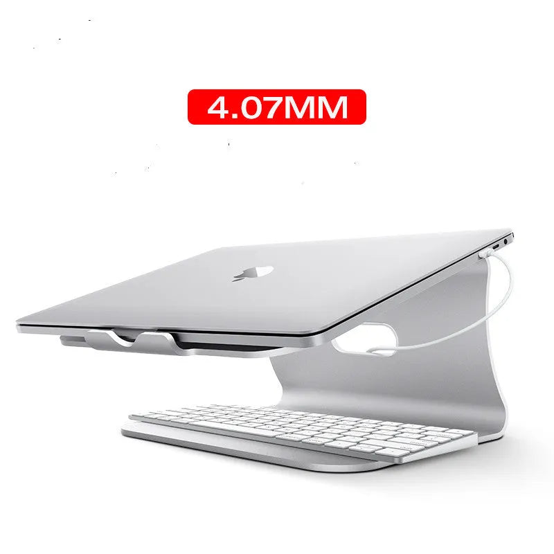 Silver aluminium laptop cooling bracket with striped heat sink on a rotary base.