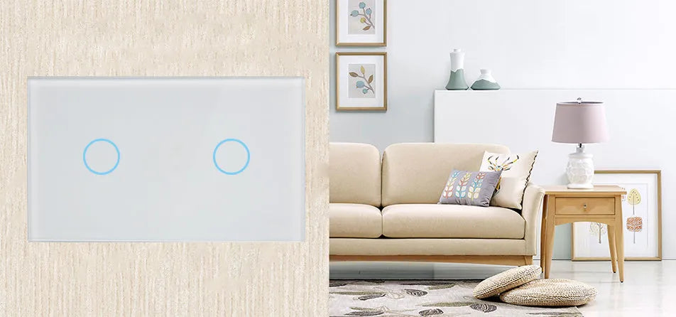 White 2-gang RF remote control light switch with tempered glass touch panel and LED indicators