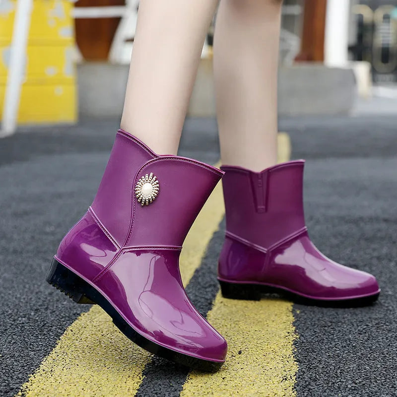 Women's middle tube non-slip rain boots in purple, black, and beige PVC with thickened construction for warmth
