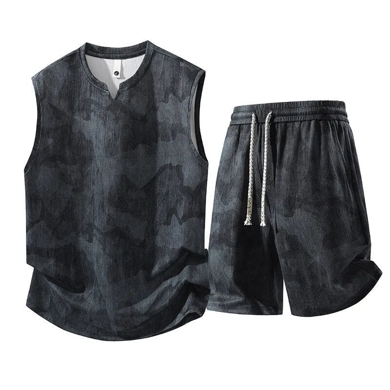 Plus size women's sleeveless vest suit two-piece set in black blue with matching shorts and vest top