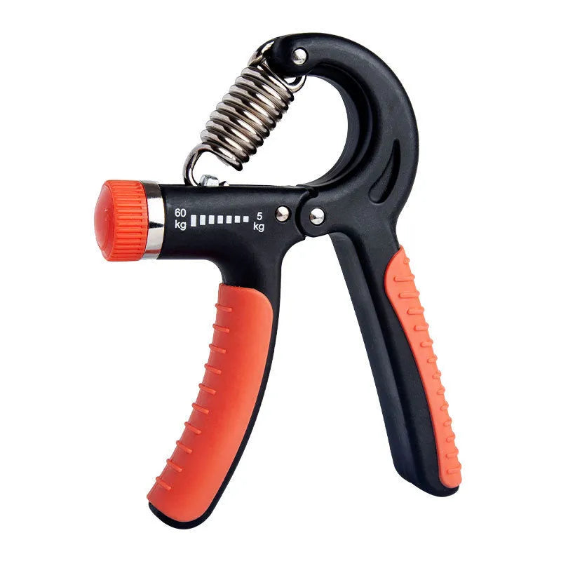 Adjustable counting hand gripper with black handles and built-in mechanical counter on a white background