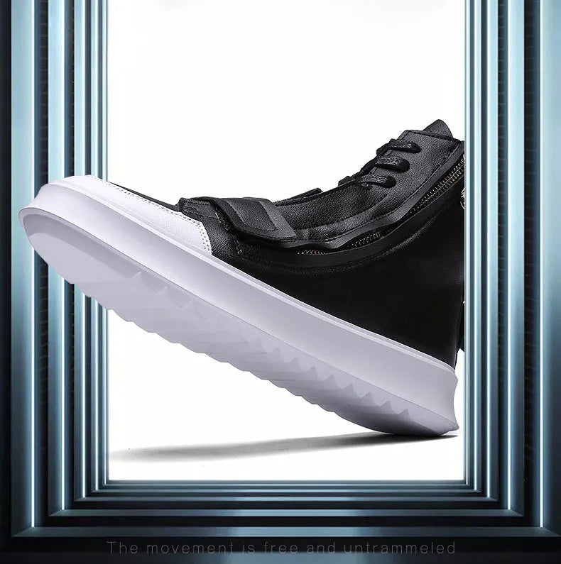 Man wearing black PU leather ankle boots in a high-top sneakers style for winter.