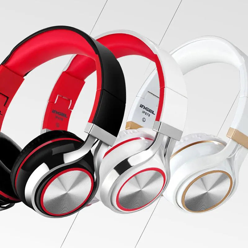 Folding Bluetooth headset with 40mm speaker, wireless 2.4GHz, black plastic housing, folded for portability