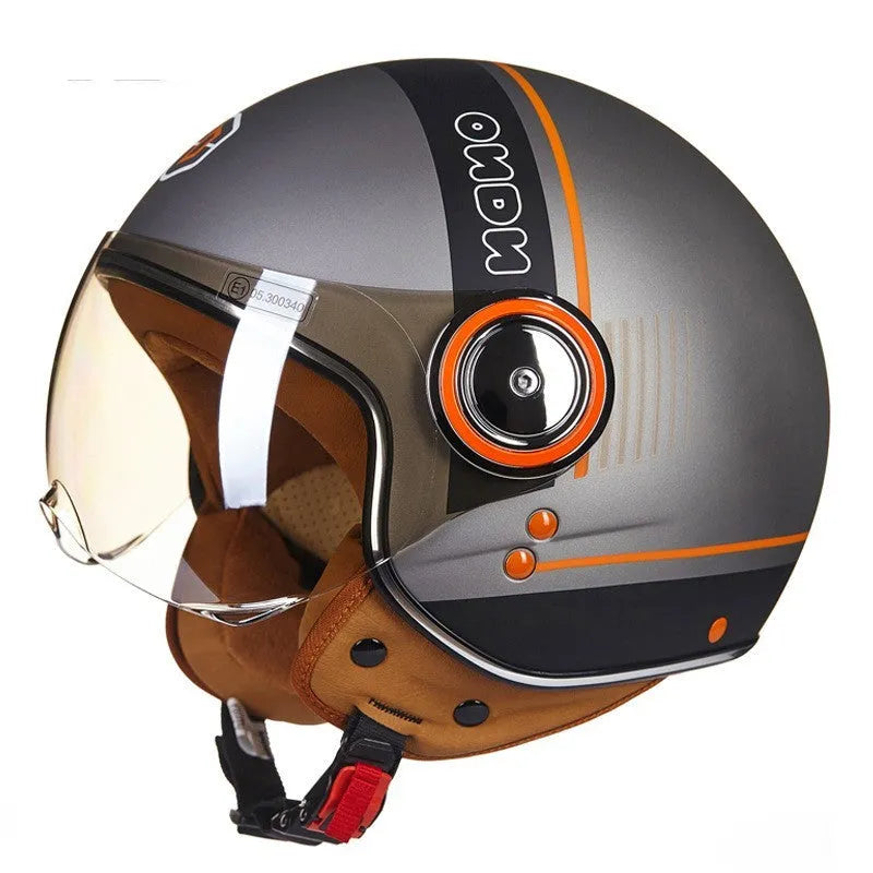 Battery car half helmet in Bright White Red Blue colour, lightweight semi-covered ABS construction, size M to XL