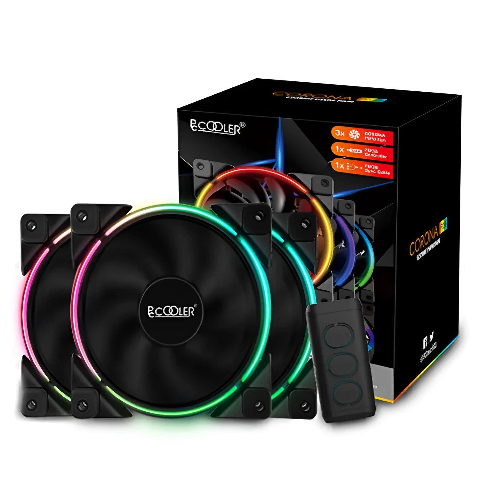 Set of three black 120mm RGB lighting PC case fans.