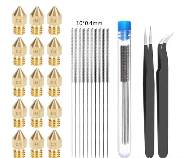Brass MK8 3D printer nozzle and a pointed stainless steel cleaning pin on a grey background.