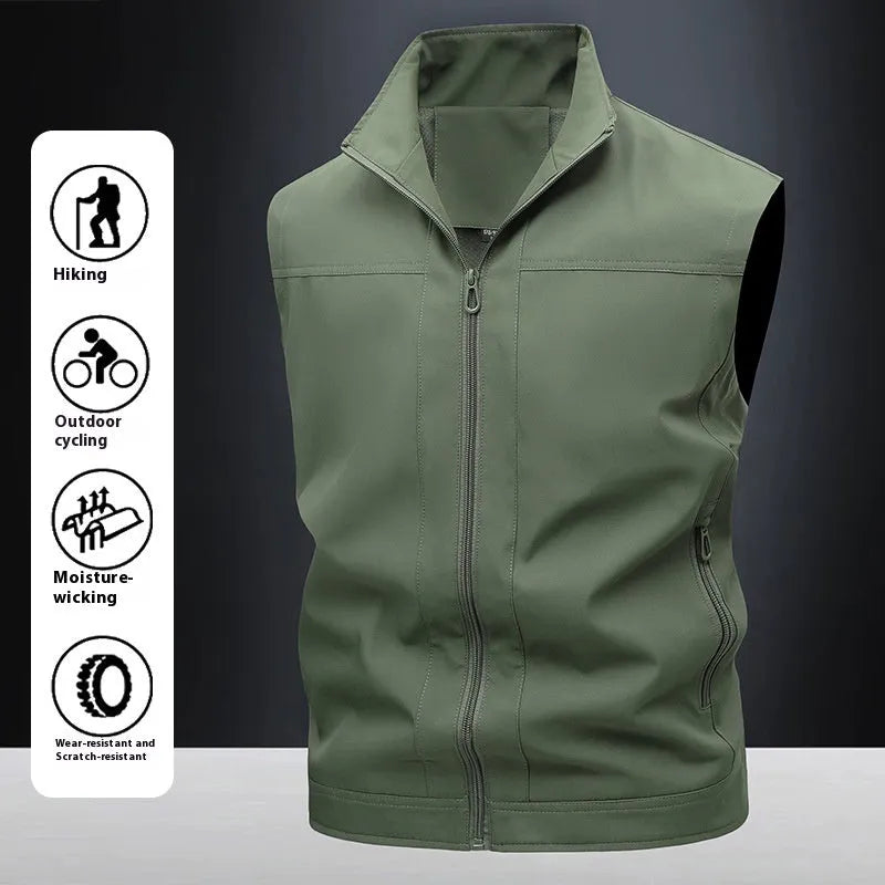 Men's casual workwear jacket with stand-up collar in solid colour, loose fit, polyester blend fabric