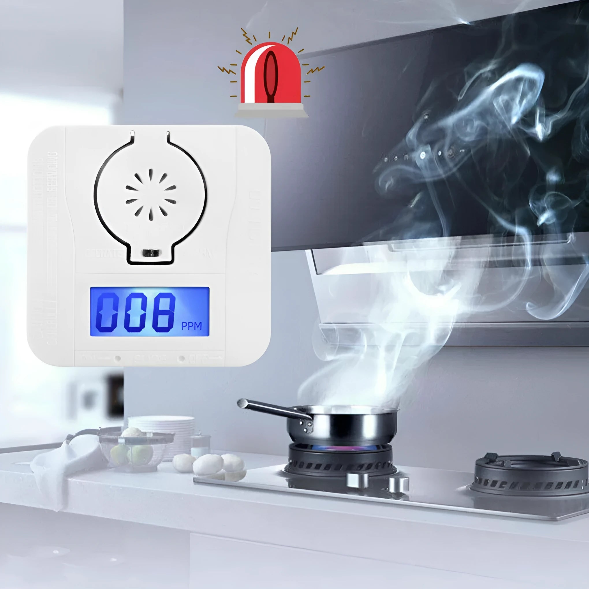 White wireless carbon monoxide alarm unit designed for wall mounting in kitchens and bathrooms