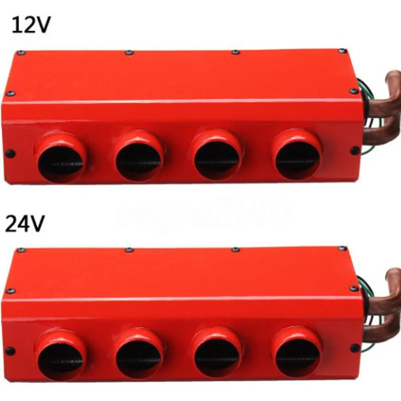Metal car heater unit with long small four-hole copper pipe for 12V or 24V vehicle installation.