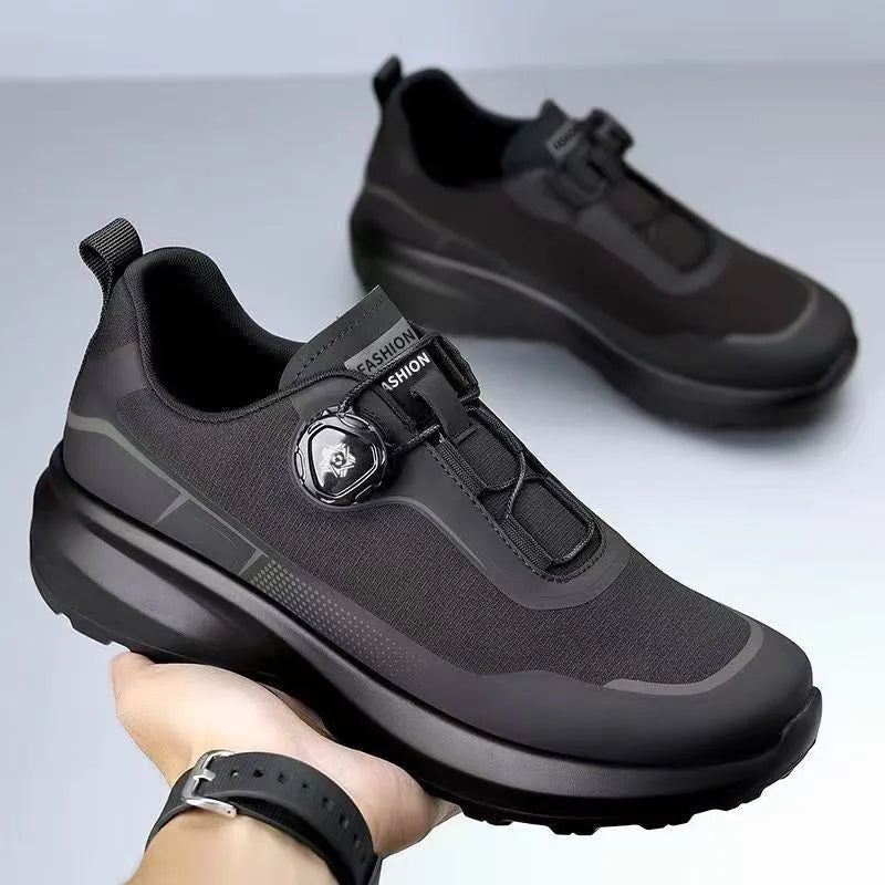 Men's breathable hollow out casual sneakers with rotating button lace-up, black colour, cloth upper and thick platform sole