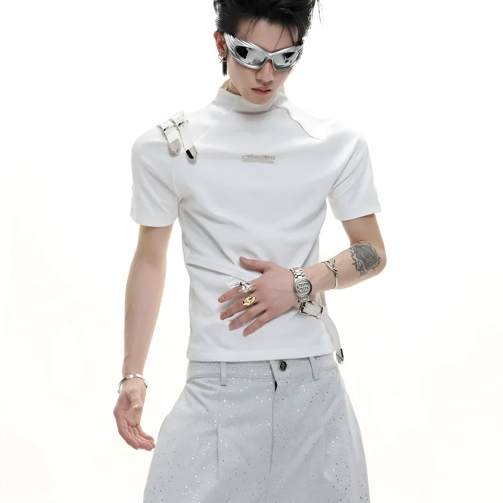 Men's slim fit cotton T-shirt with stand-up collar and metal belt detail in black