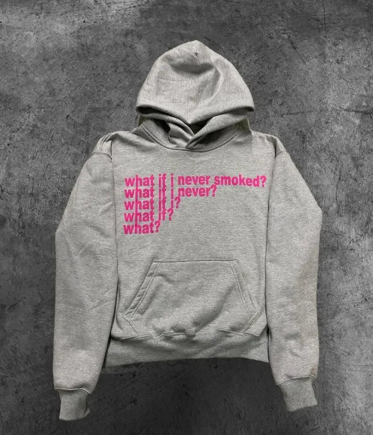 Letter print heavy hooded sweater pullover in black, front view, with hooded collar and figure pattern
