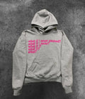 Letter print heavy hooded sweater pullover in black, front view, with hooded collar and figure pattern