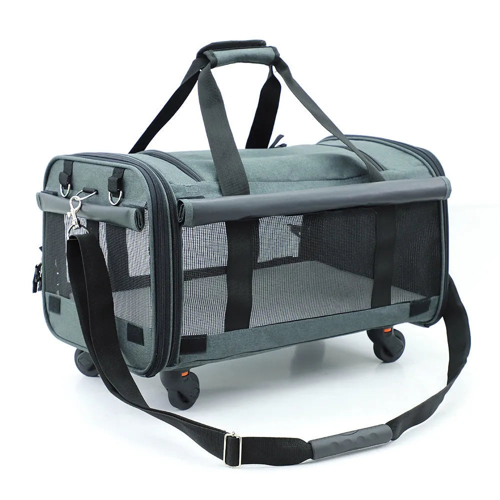Pink folding travel cat bag with universal wheels and solid bottom, 60cm by 38cm by 32cm