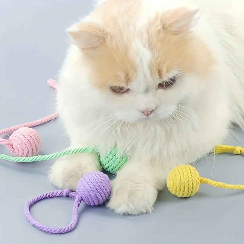 Cat toy ball with rope handle and bell inside in bright colours for kitten play