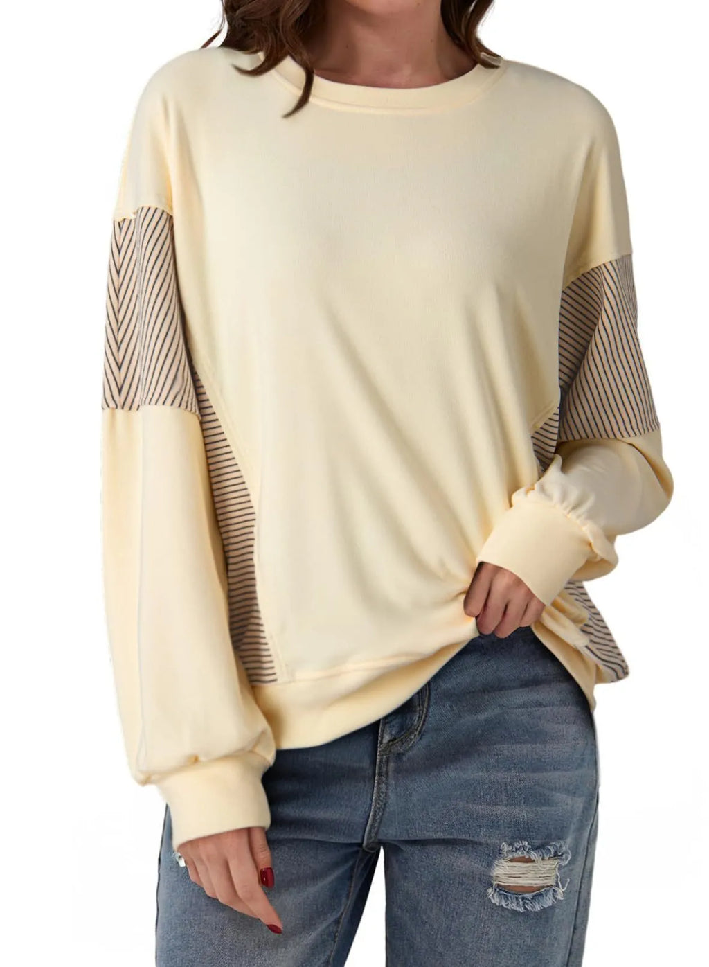 Striped colour-blocked round neck long-sleeved pullover sweatshirt in polyester, available in multiple colours and sizes S-XXL