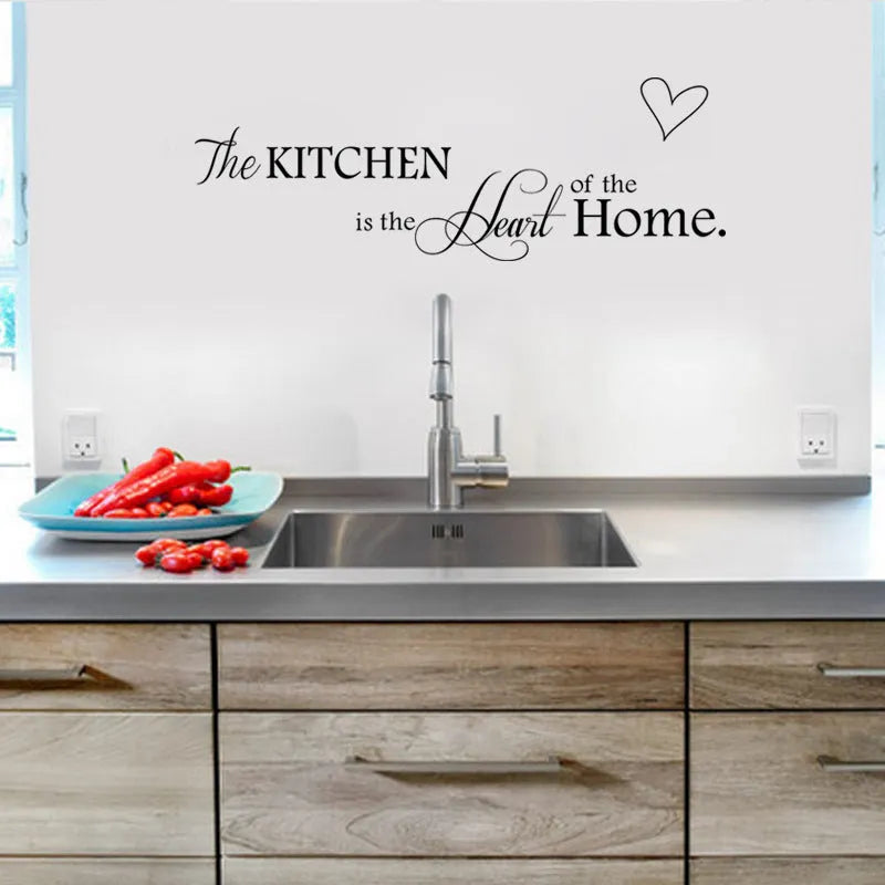 Black letter pattern wall sticker reading Kitchen Is Heart Of The Home on a white background, 60x15cm PVC removable