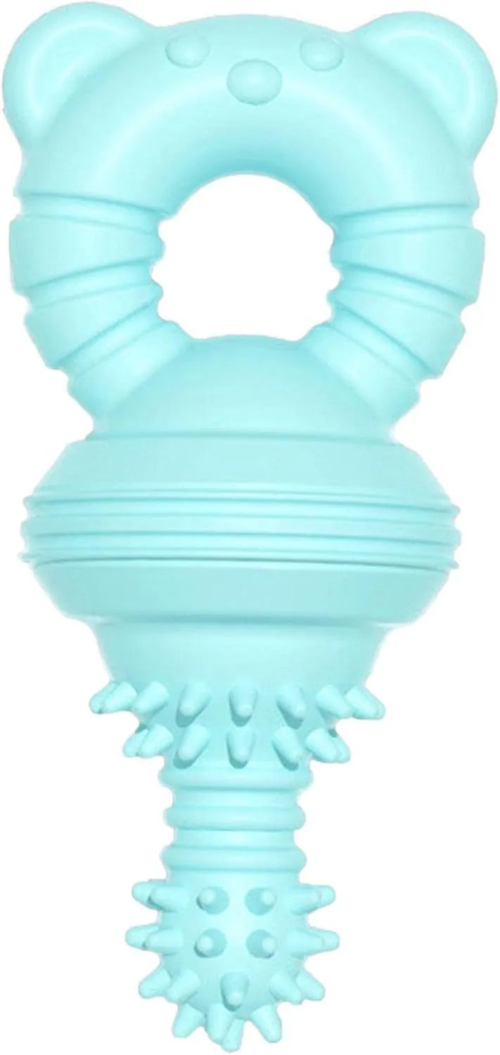 Blue rubber dog chew toy with textured concave-convex surface for teeth cleaning