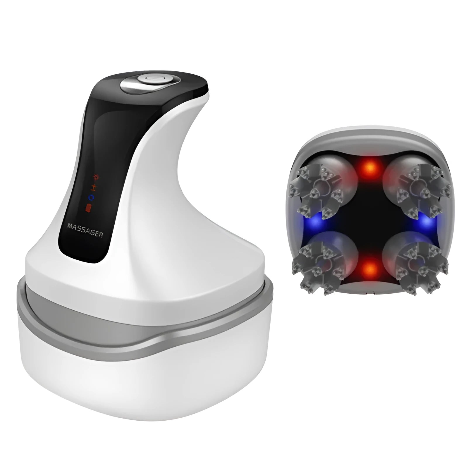 Cat head massager in vanilla blue with push button control and rechargeable base