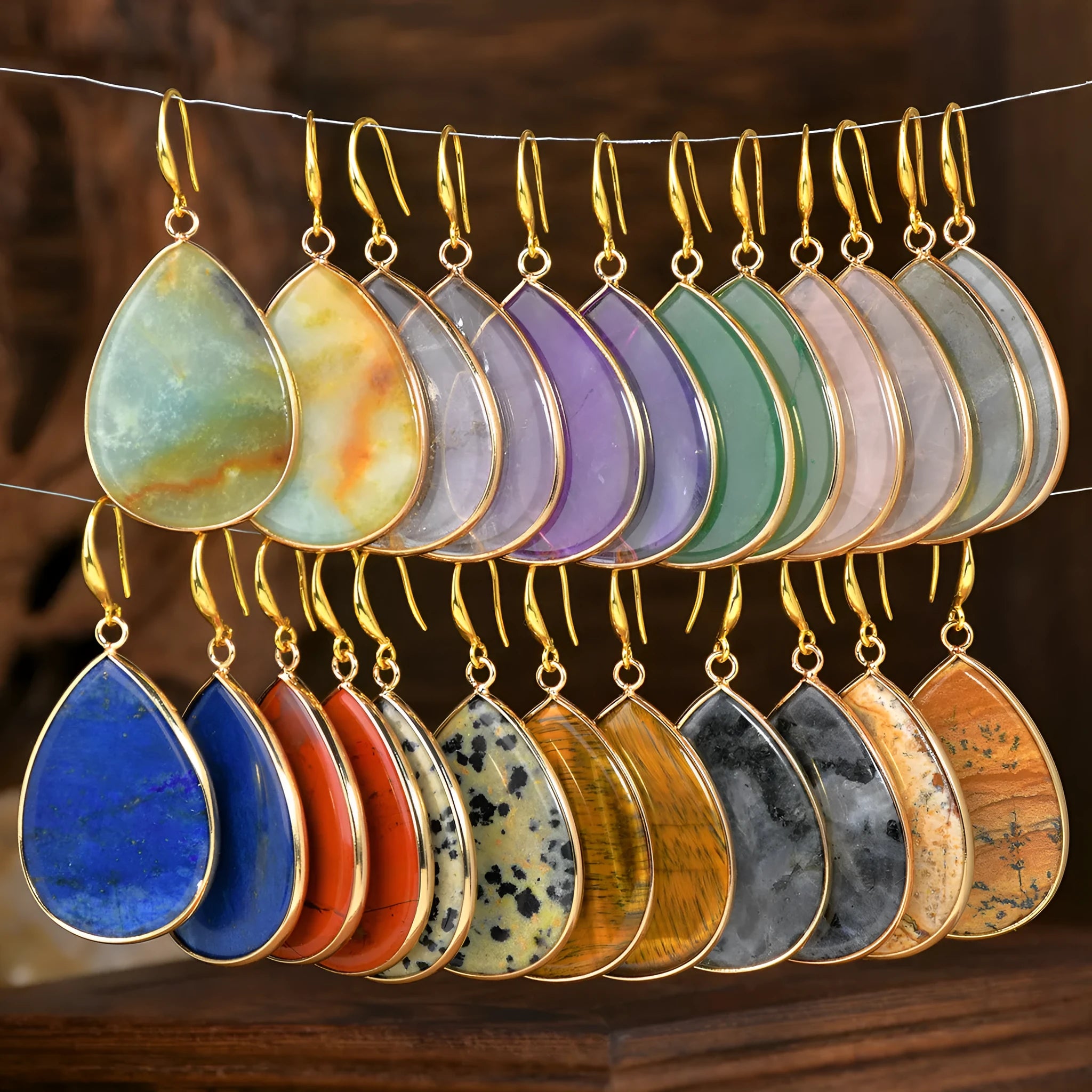 Women's retro water drop natural stone pendant earrings in amethyst colour with electroplated finish