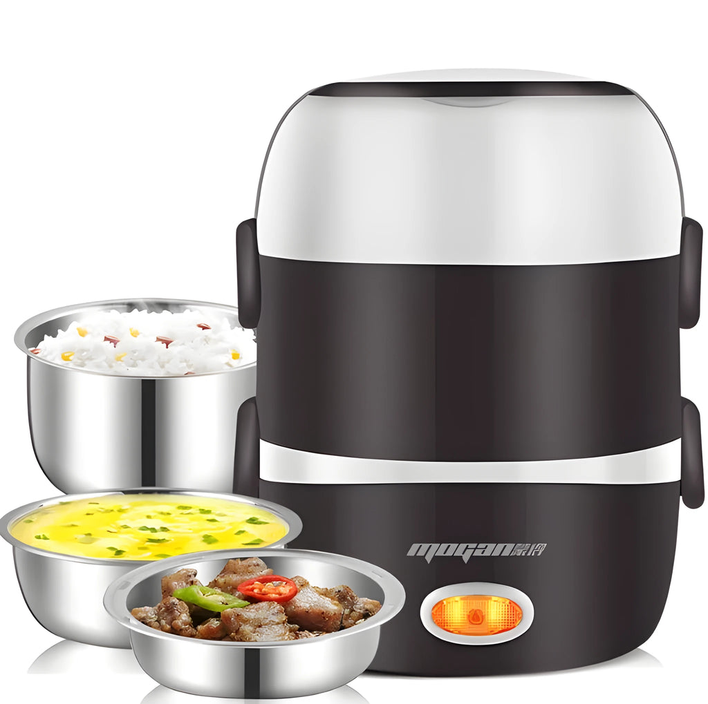 White 2L rice cooker with 200w power and 2-layer steaming option on a kitchen counter