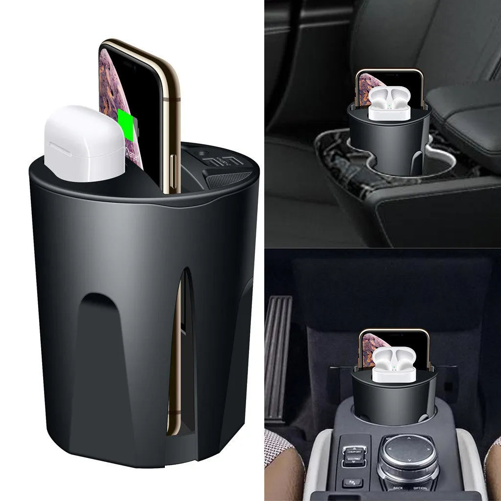 X9 car wireless charging cup in black with LED indicator and QI charging pad