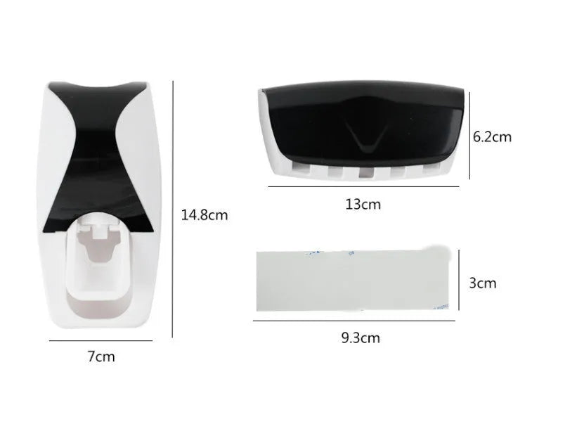 White plastic and silicone bathroom accessories set with toothbrush holder and pump dispenser on a tiled wall