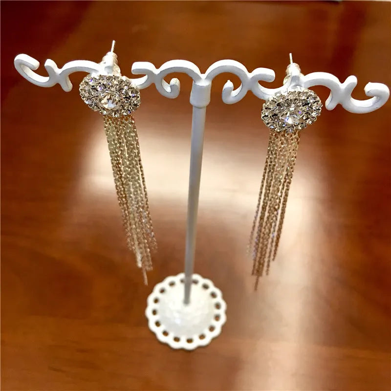 Silver crystal tassel drop earrings for women, metal plated Korean style jewellery